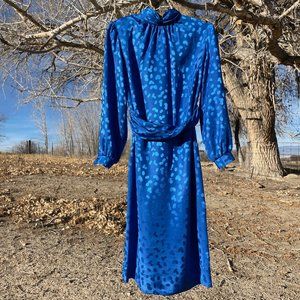 Vintage 80s or 80s Royal Blue Dress with High Collar and Long Sleeves Size Small